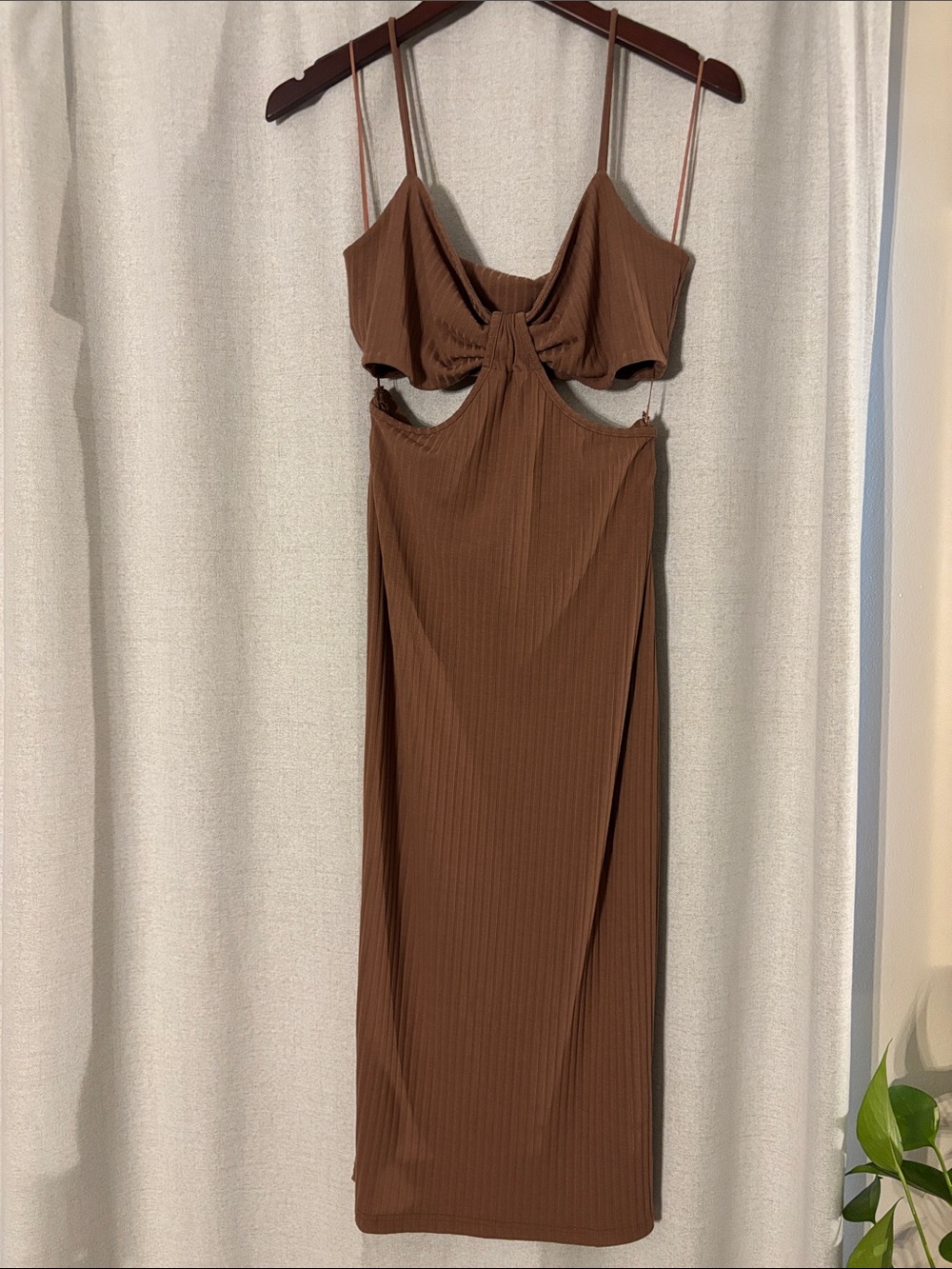Chocolate Brown Ribbed Cutout Midi Dress with Twist Front